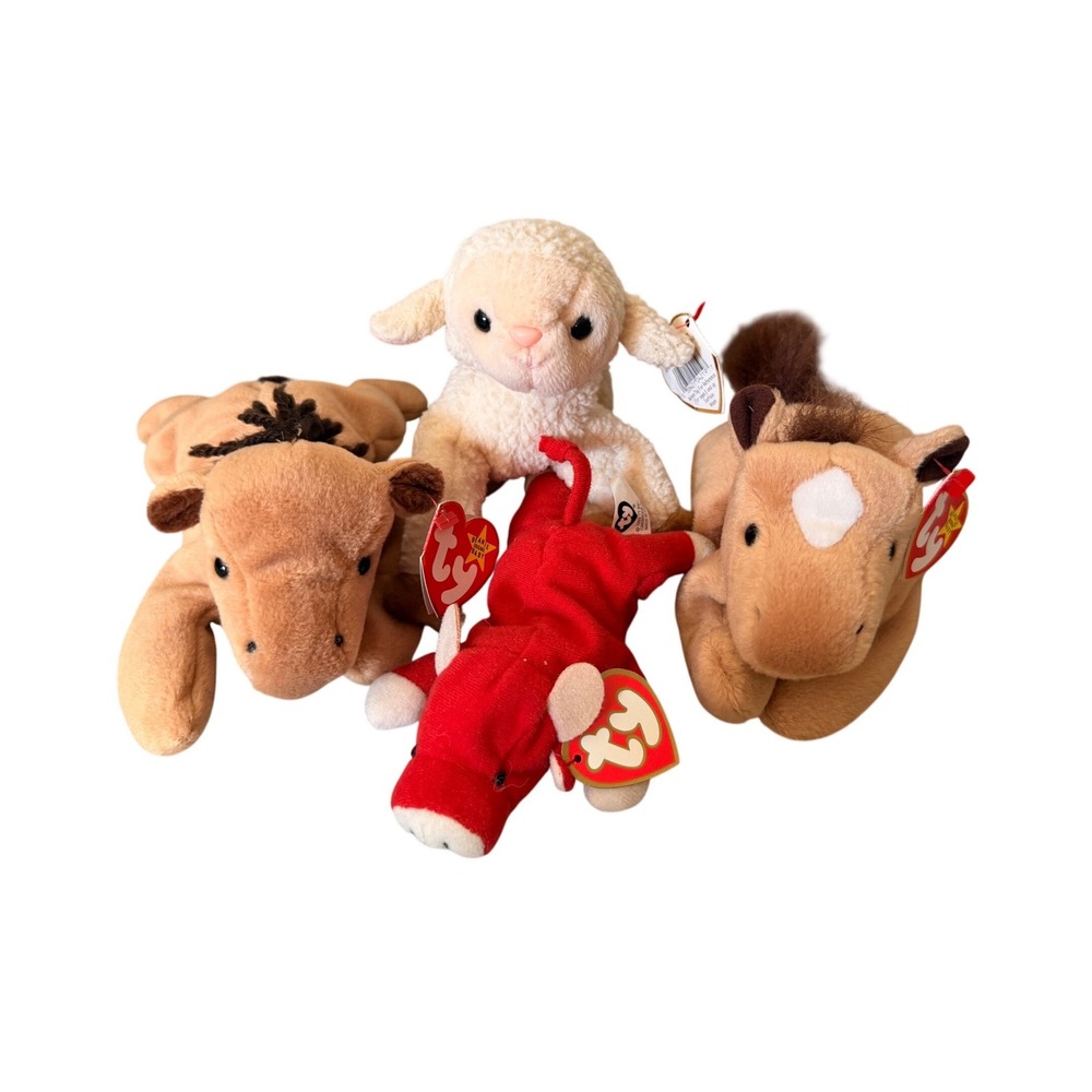 Ty Beanie Babies Lot Derby Horse Ewey Lamb Snort Bull Plush Farm Animal Toy